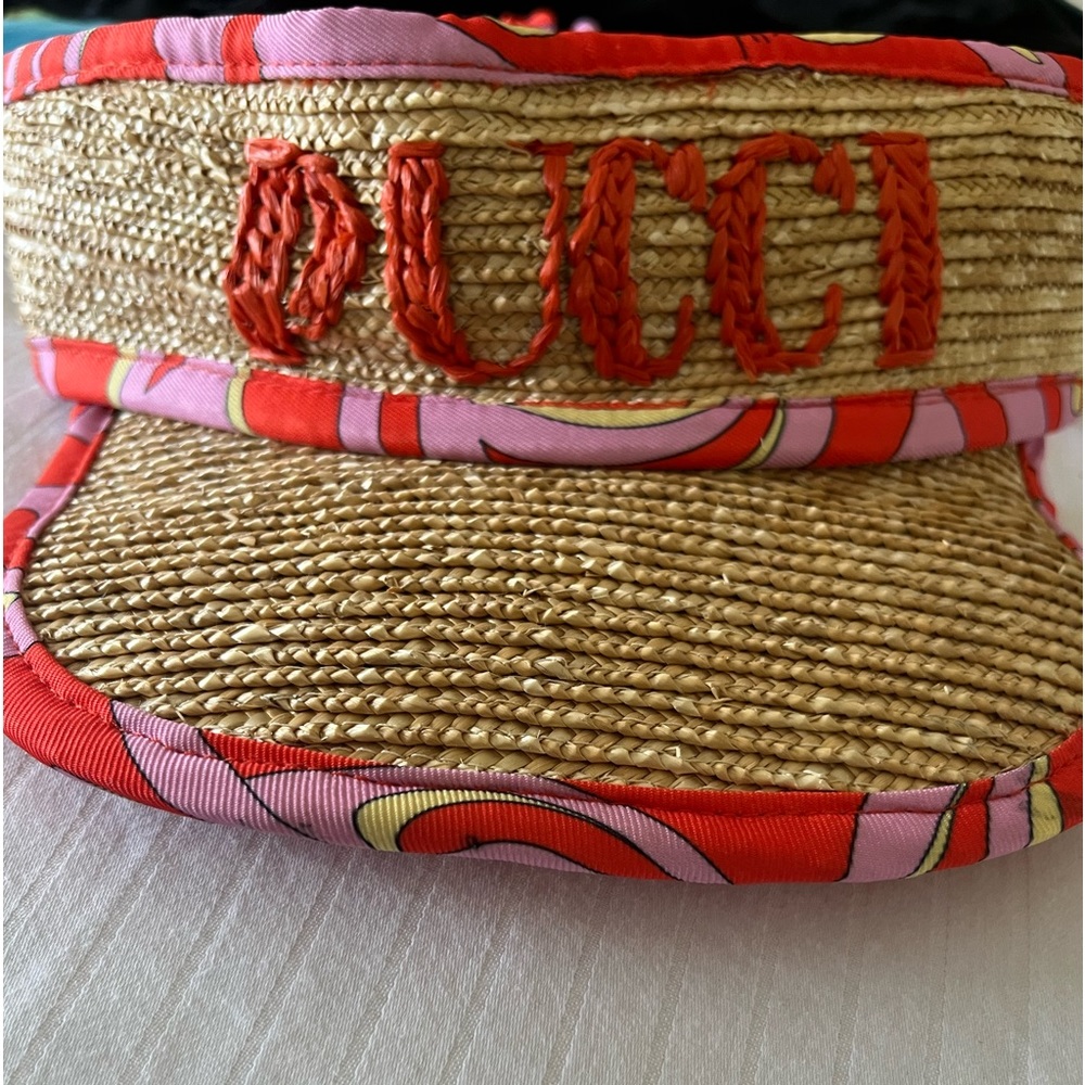Emilio Pucci Straw Visor Hat with Red and Pink Accents